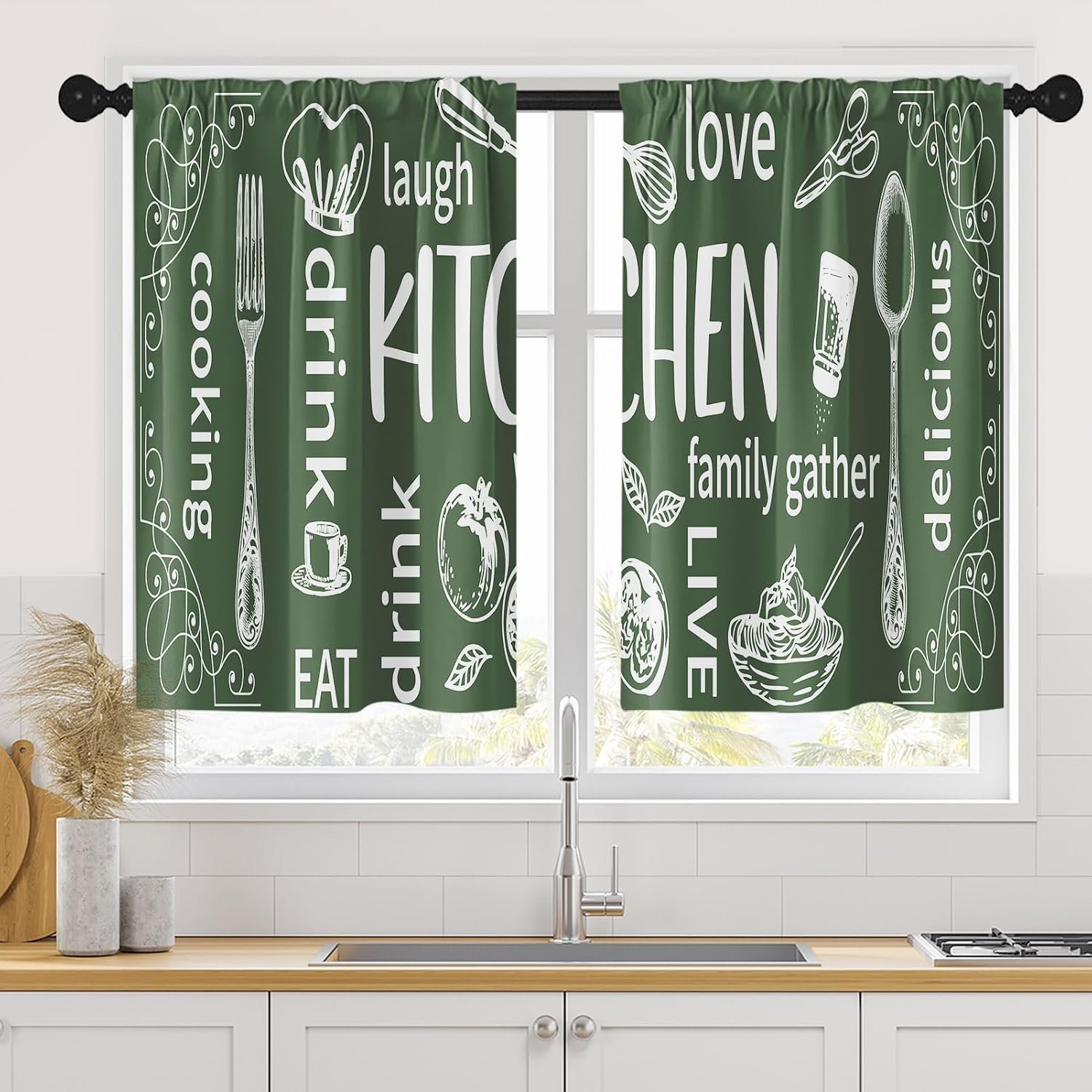 Home Cooking In French - Rideaux de cuisine esthétiques verts pour